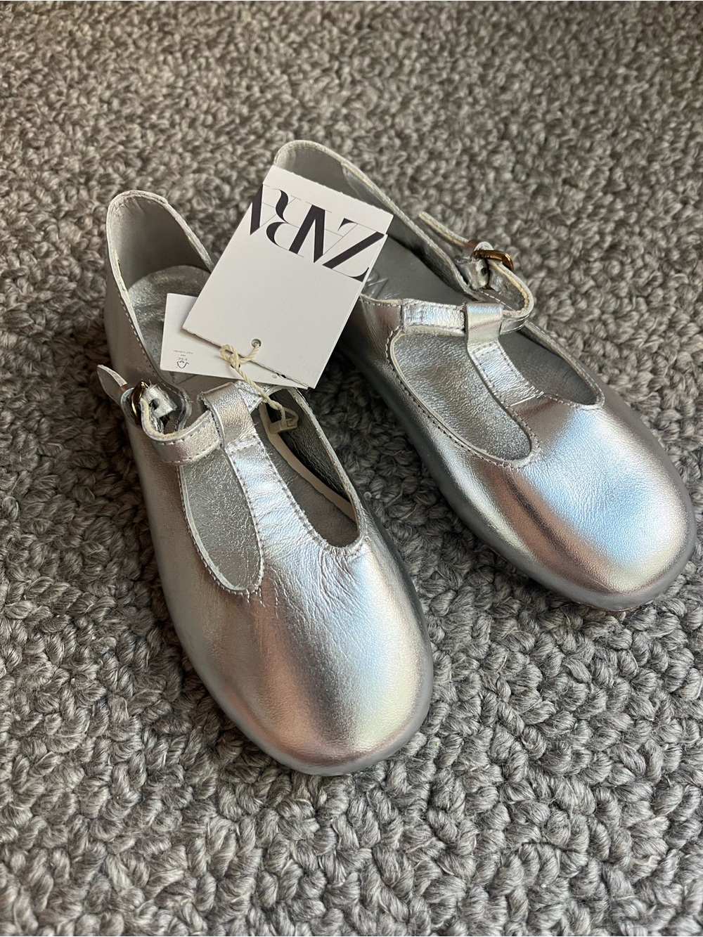 Zara Leather Silver Girls' T‑Bar Mary Jane Shoes NEW